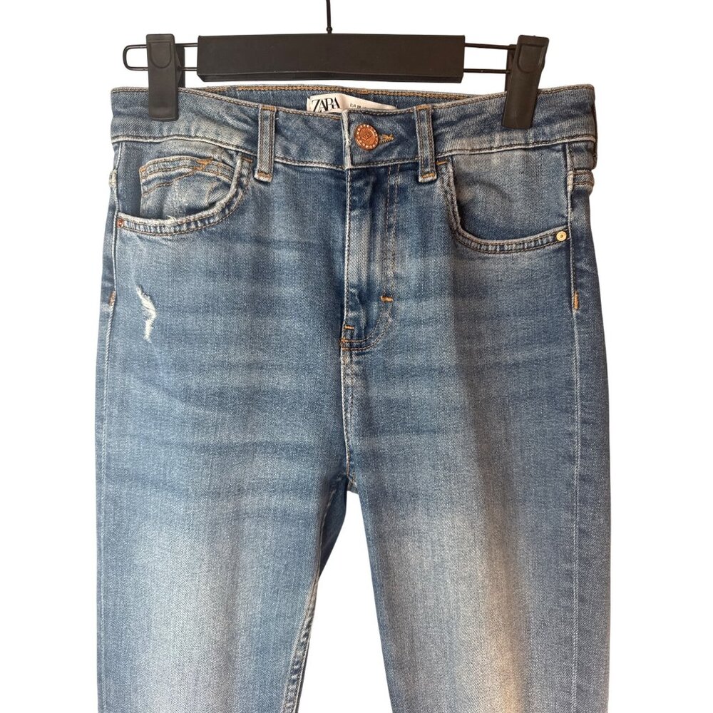 ZARA Womens 6/28 Distressed Cuffed Jeans Size Blue Denim Mid-Rise - Picture 5 of 12